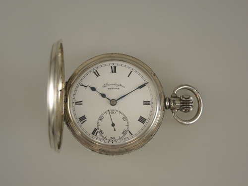 Mint example of a silver half hunter pocket watch by Bravington c1943