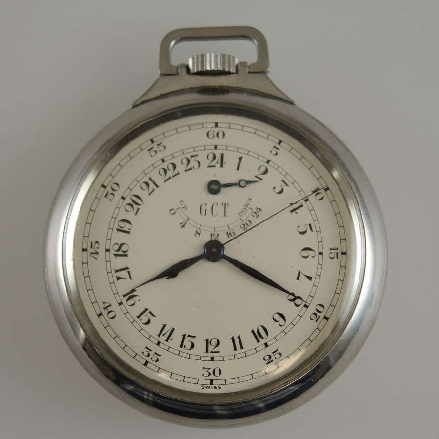 GCT 24 hour dial pocket watch with Wind Indicator by Agassiz c1940