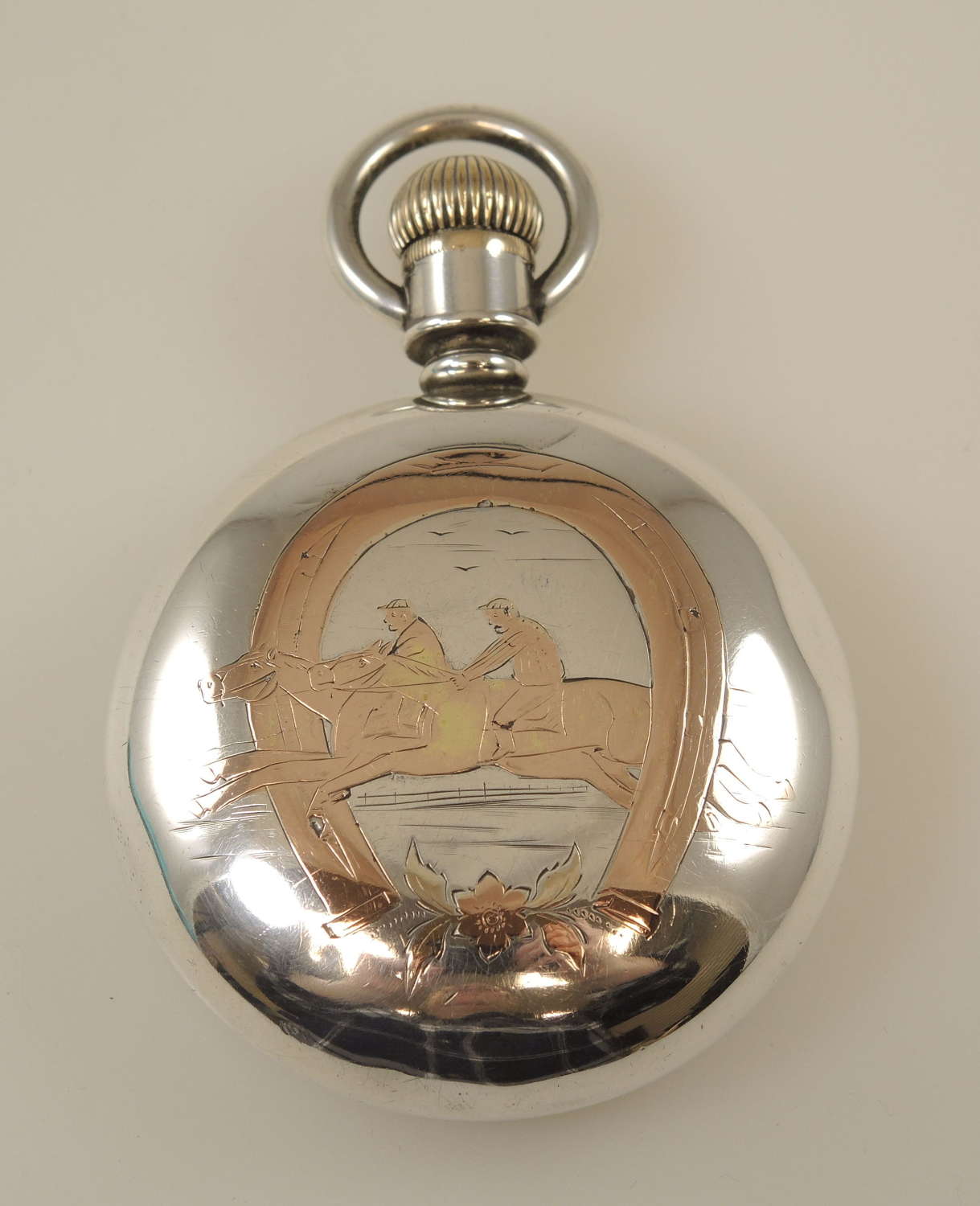Large silver & gold inlay HORSE RACING case Illinois pocket watch 1898