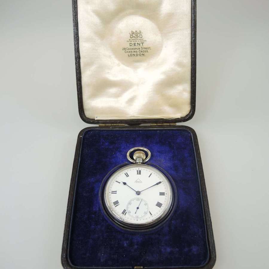 Antique English silver pocket watch by DENT. With Box. London 1909