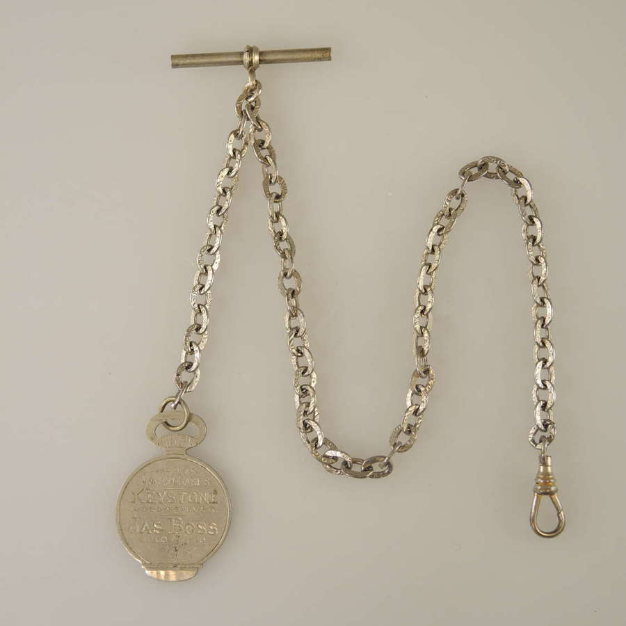White metal pocket watch chain with Keystone case opener c1880