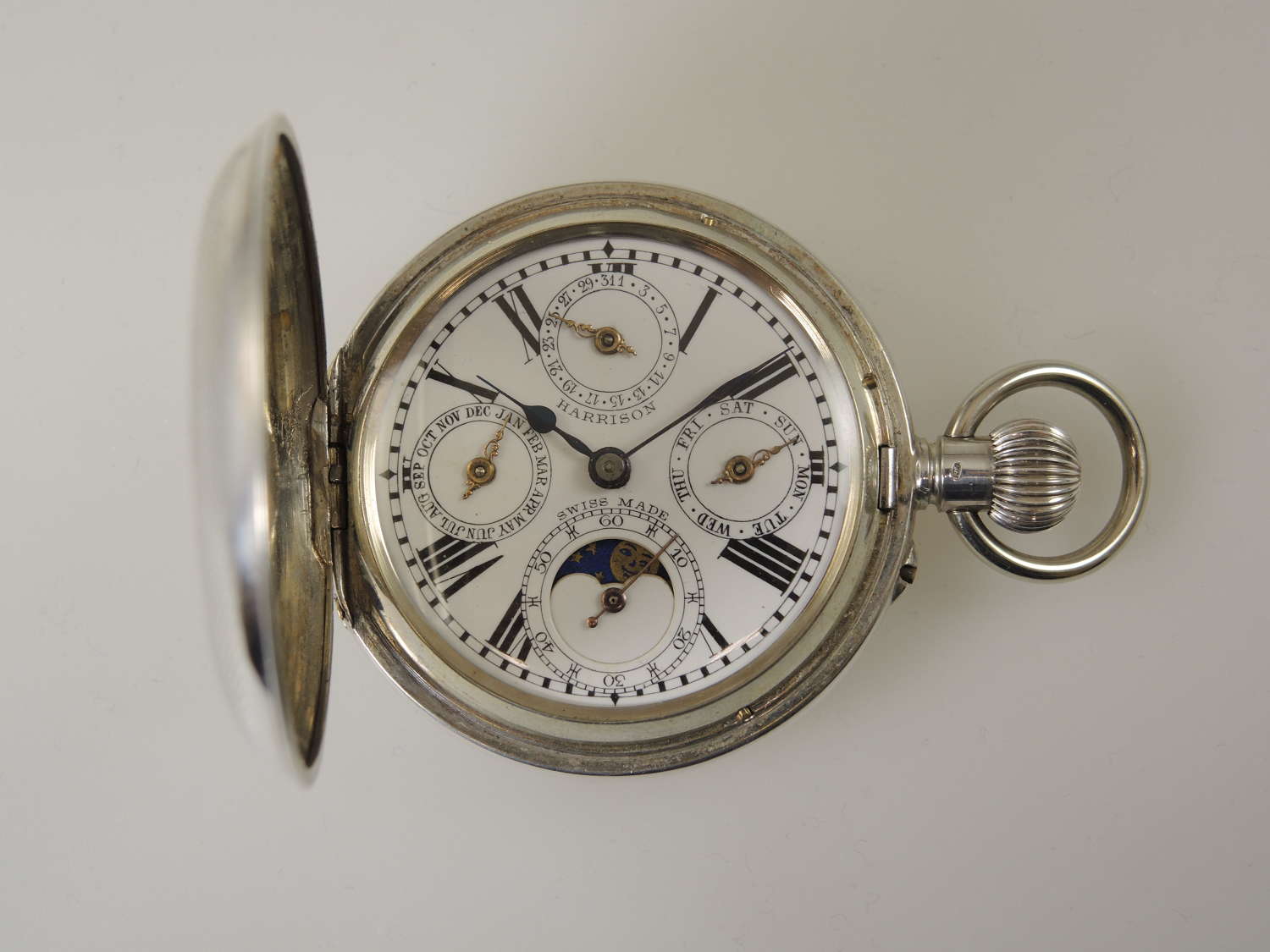 Silver Calendar moonphase hunter pocket watch c1890
