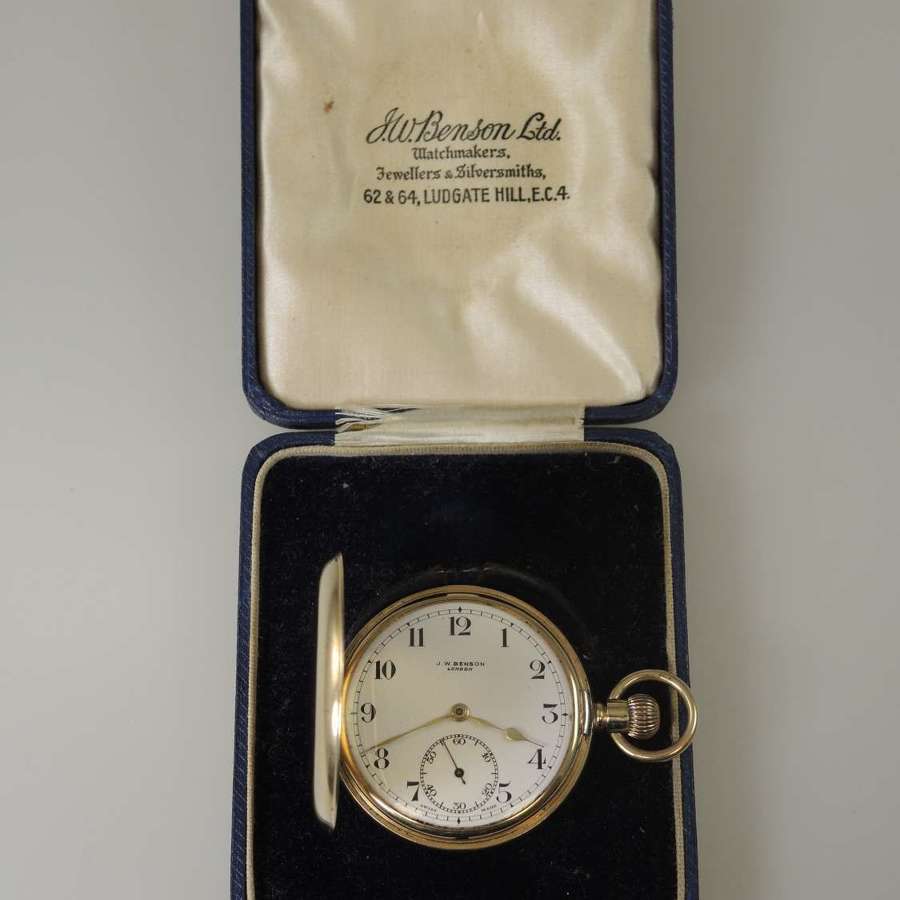 Solid 9K Gold J W Benson full hunter pocket watch with box c1938