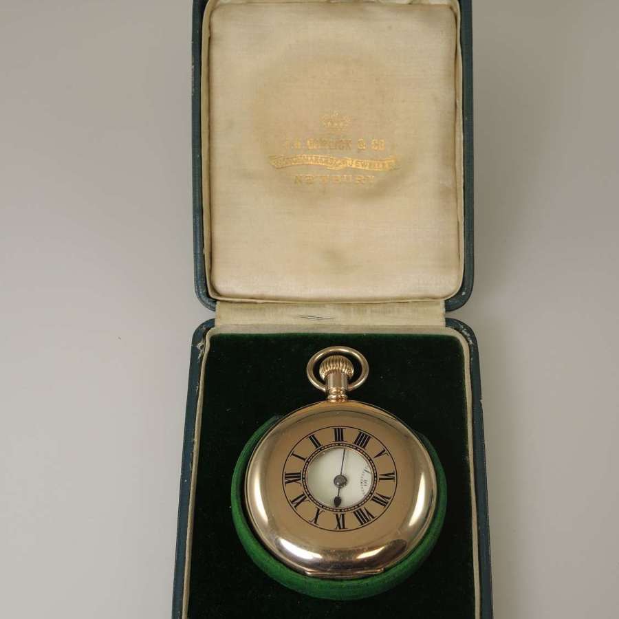 English gold plated half hunter pocket watch. With original box c1900