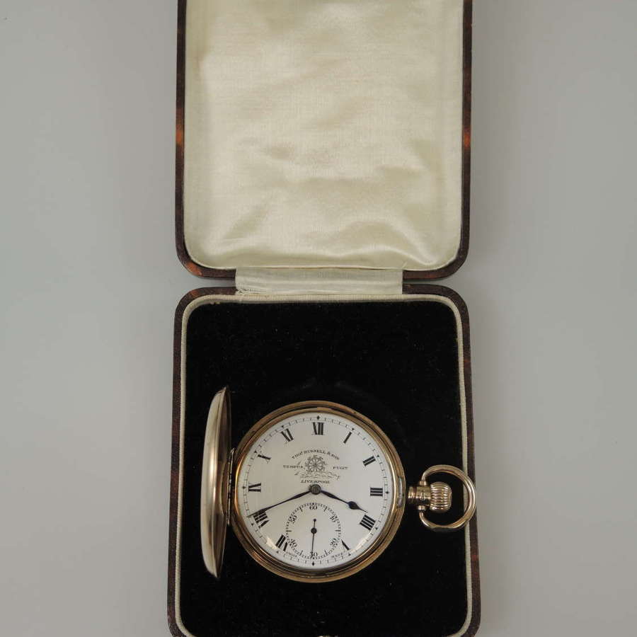 English 9K Gold Full Hunter pocket watch by Thos Russell c1921