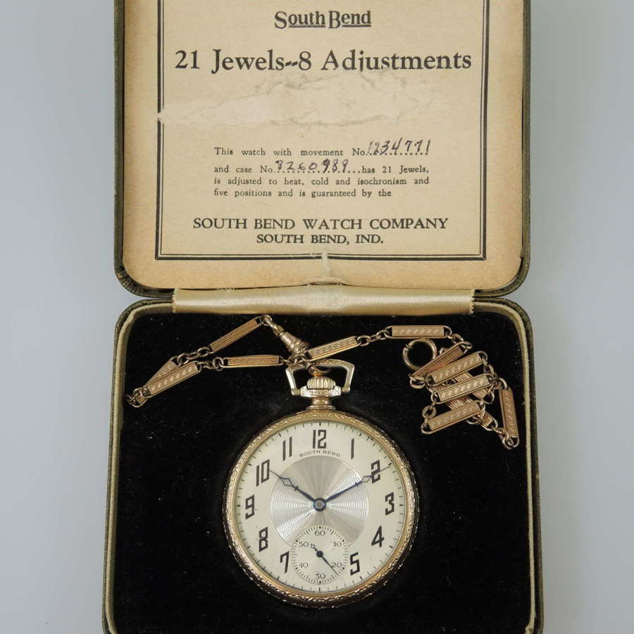 South Bend 21J STUDEBAKER pocket watch with orig box & chain c1928