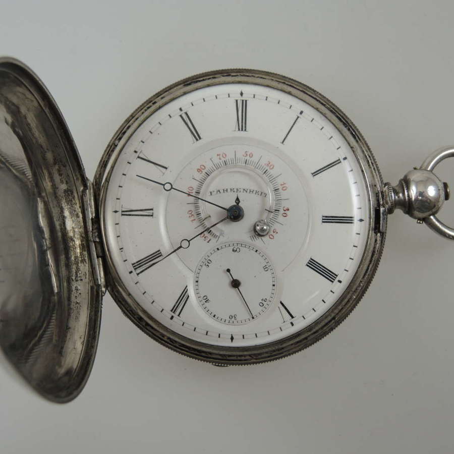 Rare silver hunter pocket watch with a THERMOMETER dial c1850