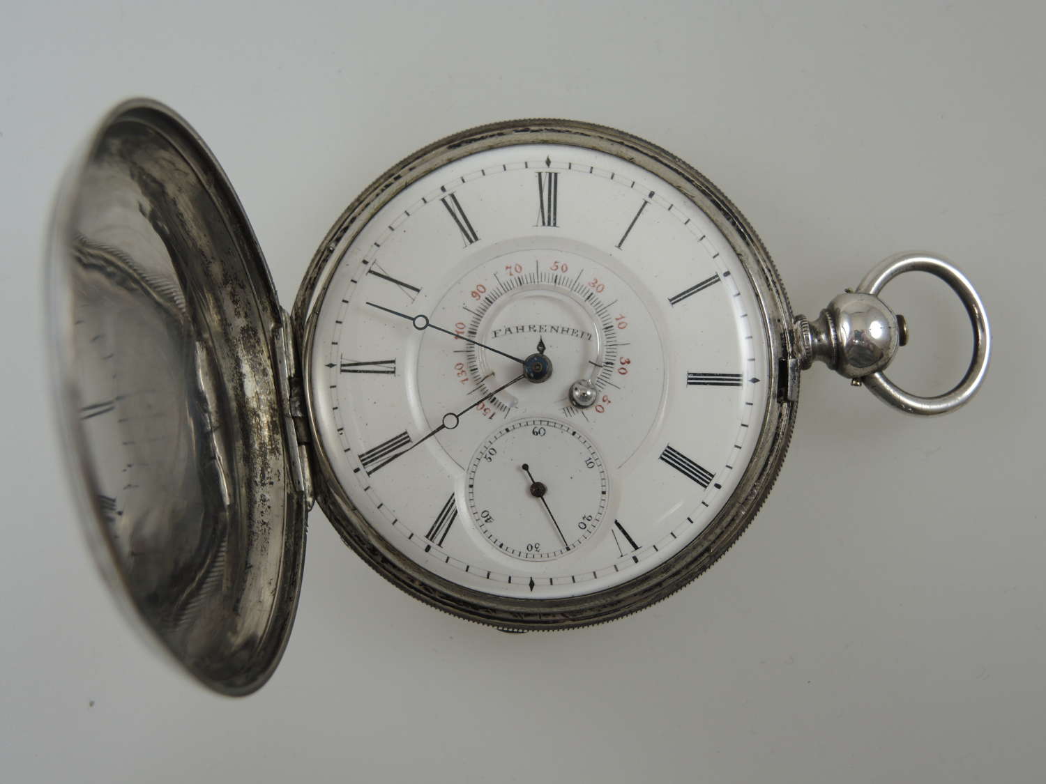 Rare silver hunter pocket watch with a THERMOMETER dial c1850