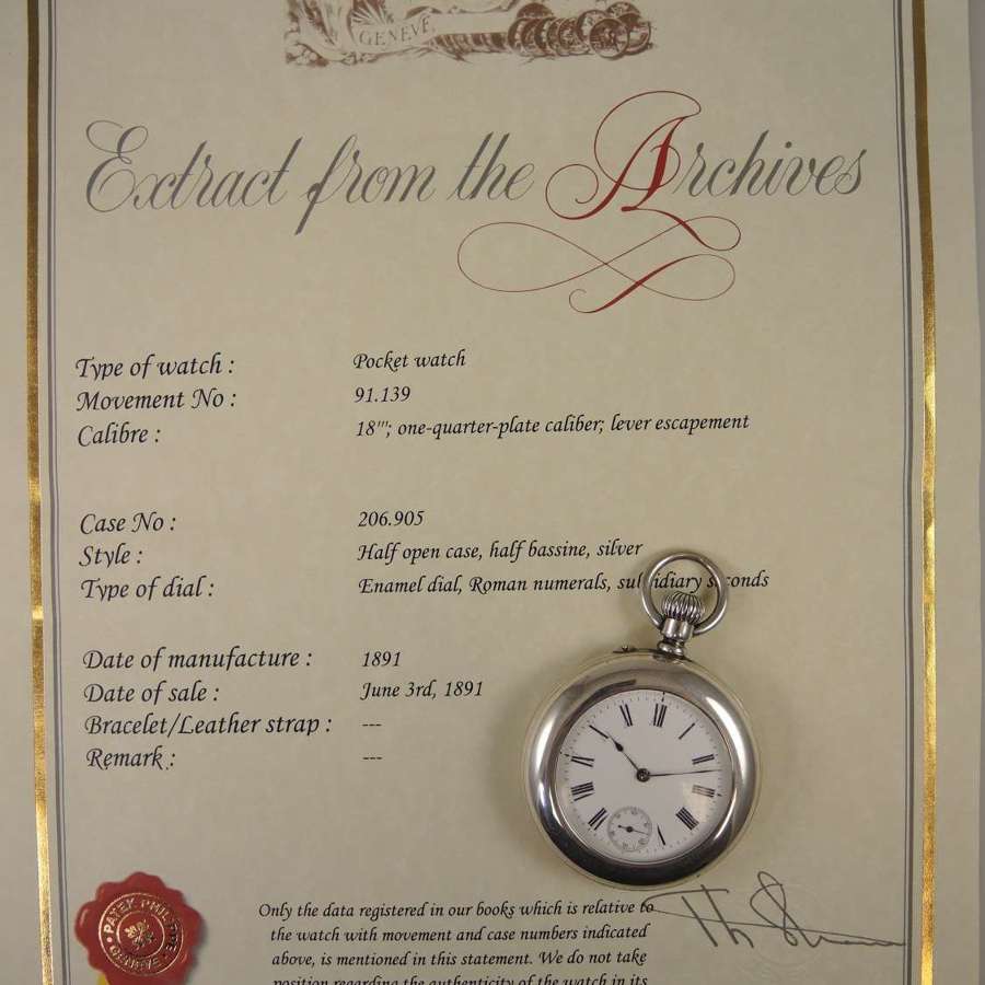 Genuine silver PATEK PHILIPPE pocket watch. With certificate c1891