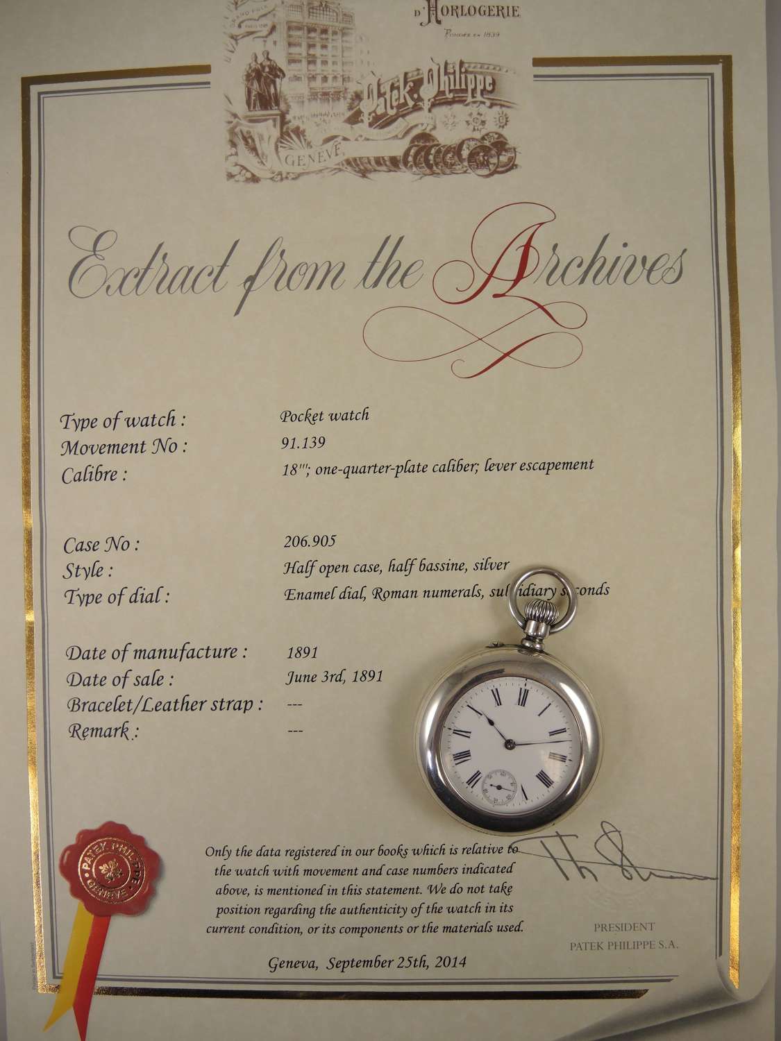 Genuine silver PATEK PHILIPPE pocket watch. With certificate c1891