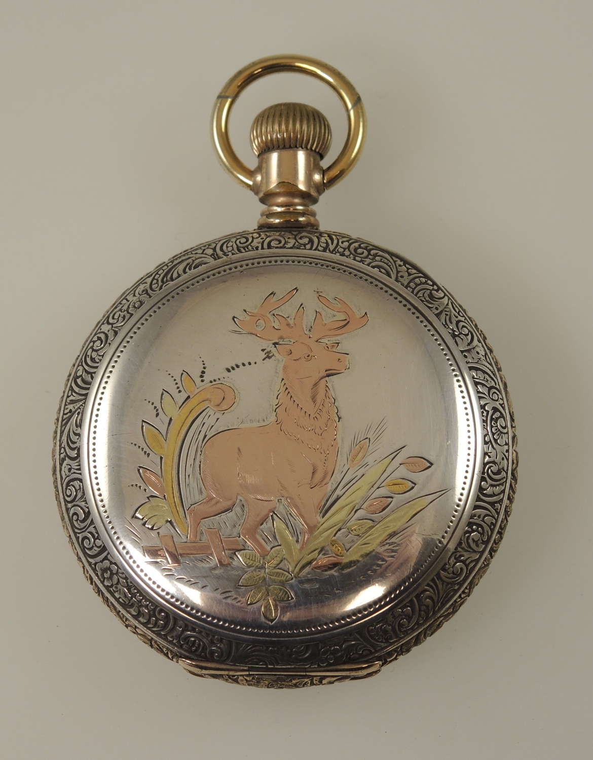 Silver and gold inlay hunter pocket watch by Waltham c1888
