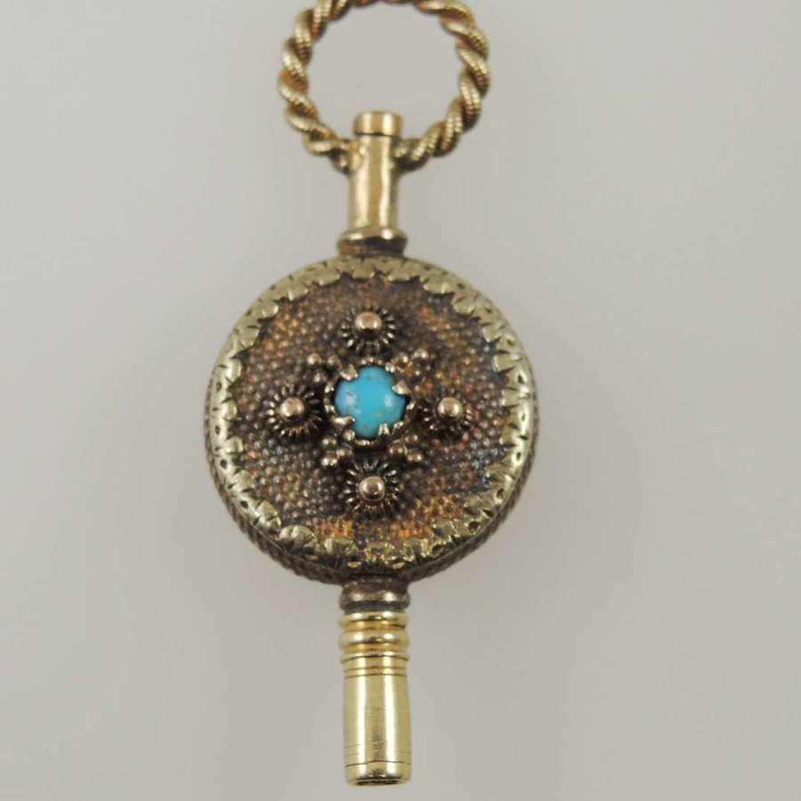 Solid 18K gold and Turquoise set Etruscan pocket watch key c1810