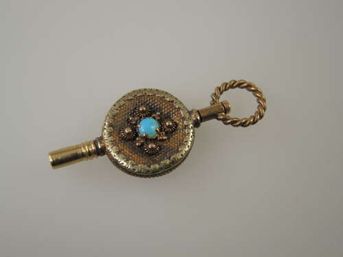 Solid 18K gold and Turquoise set Etruscan pocket watch key c1810