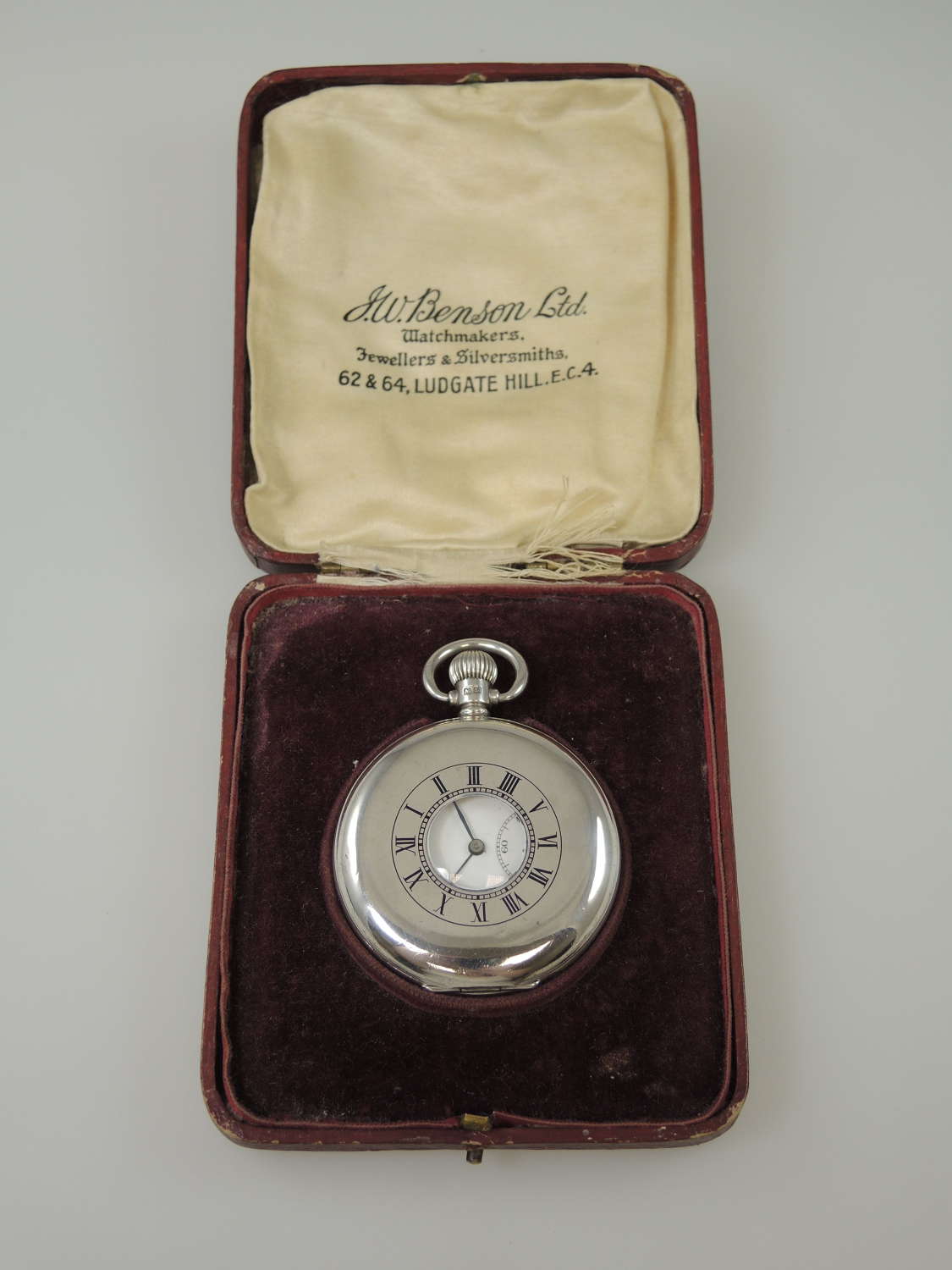 Silver vintage J W Benson half hunter pocket watch. With Box. c1935