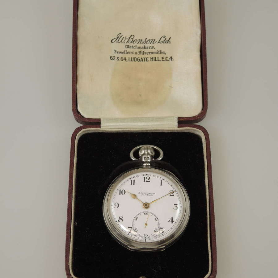 English Silver J W Benson pocket watch with original box c1928