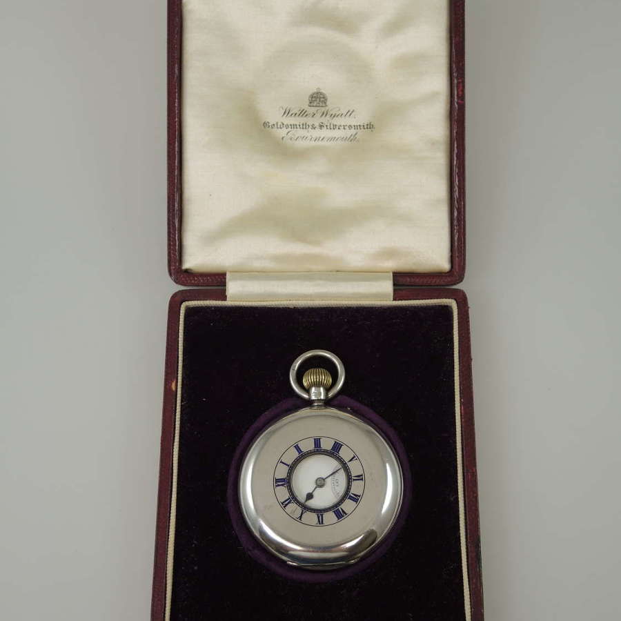 English silver half hunter pocket watch with original box c1909