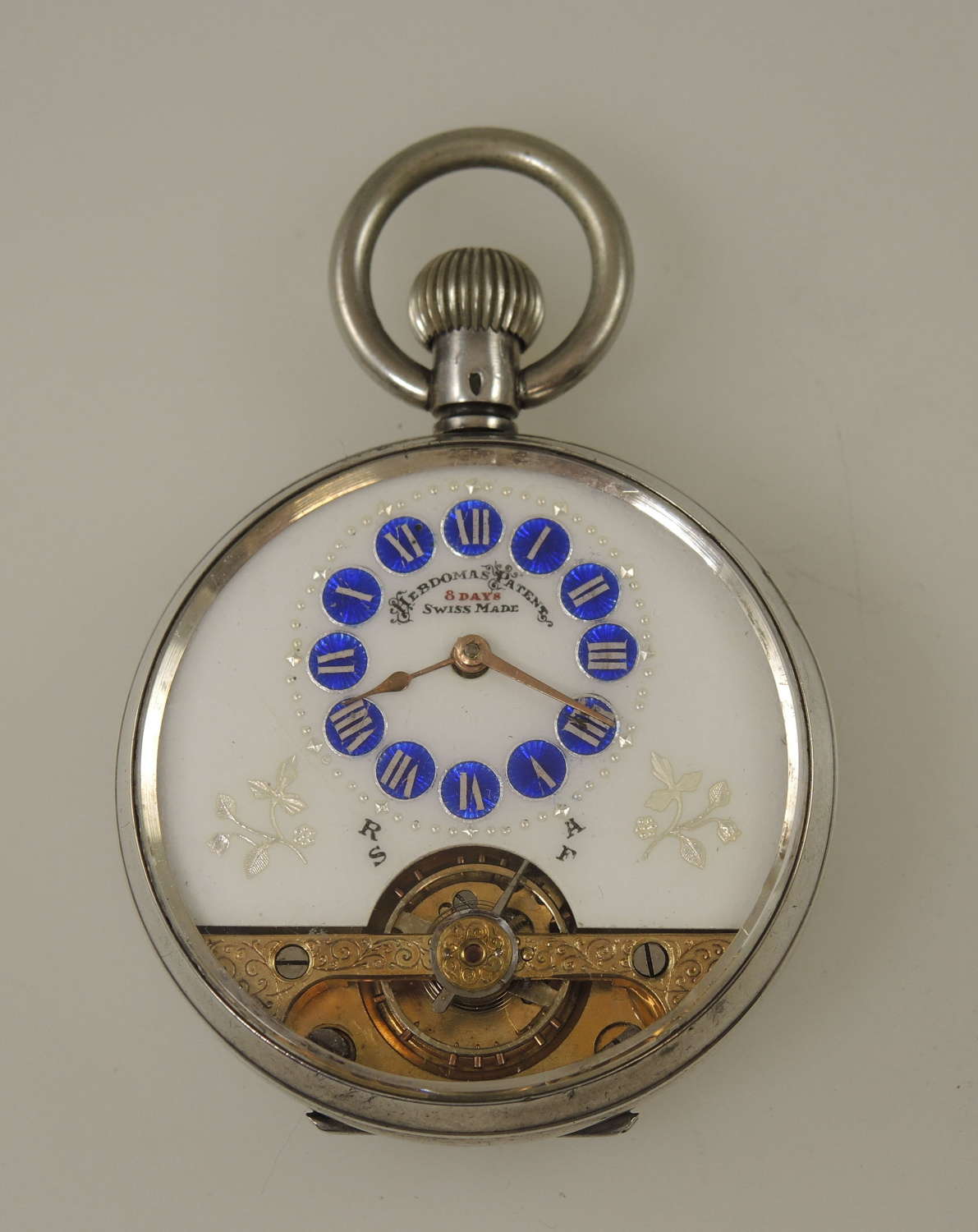 Silver Hebdomas 8 day pocket watch with blue enamel dial c1915