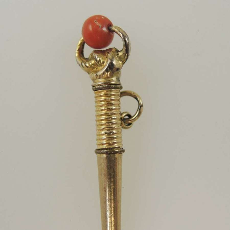 Georgian gilt metal and coral set pocket watch key c1810