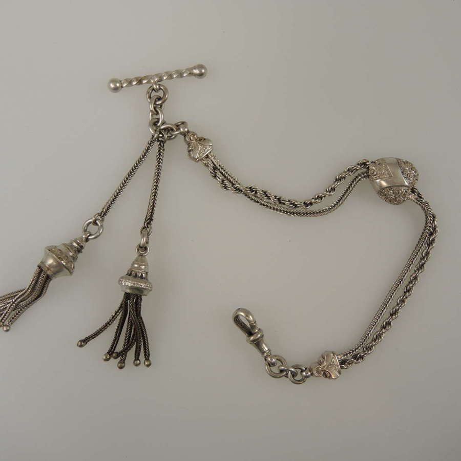 Victorian silver watch chain w/ heart link & 2 tassels c1890