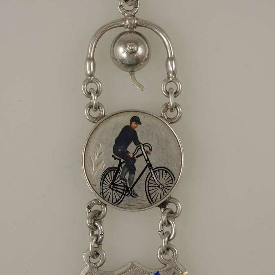 Unusual silver and enamel BICYCLE Fob watch chain c1890