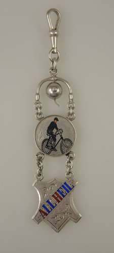 Unusual silver and enamel BICYCLE Fob watch chain c1890