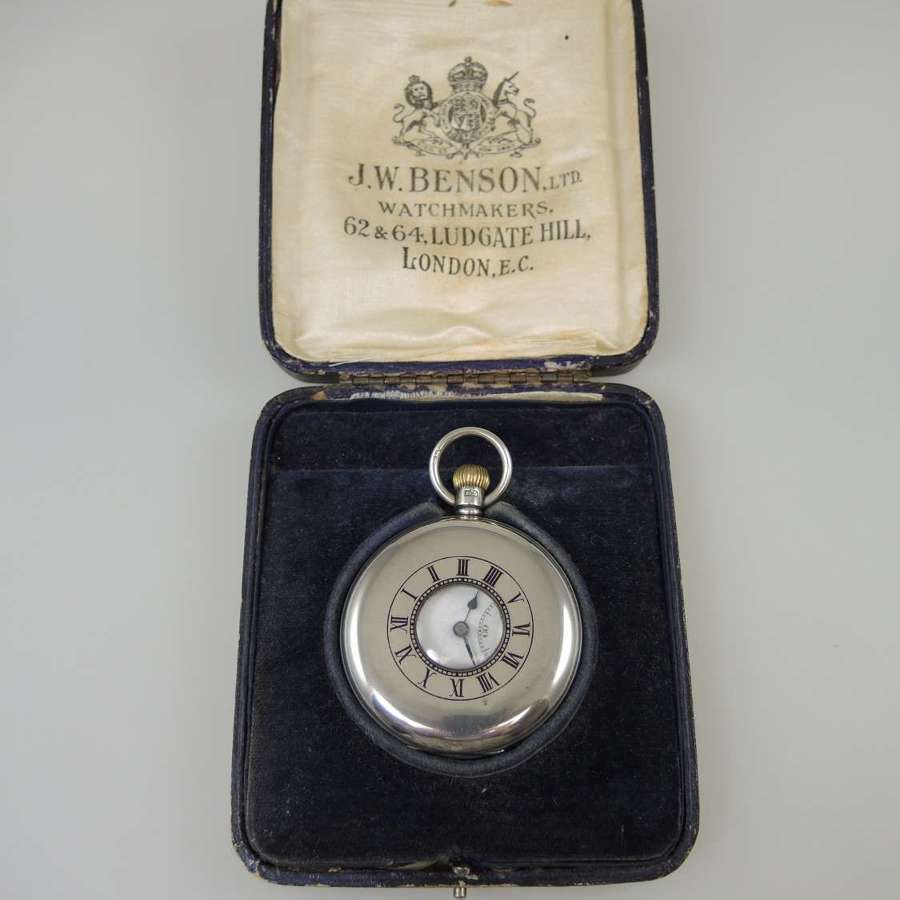 Silver vintage J W Benson half hunter pocket watch. With Box. c1929