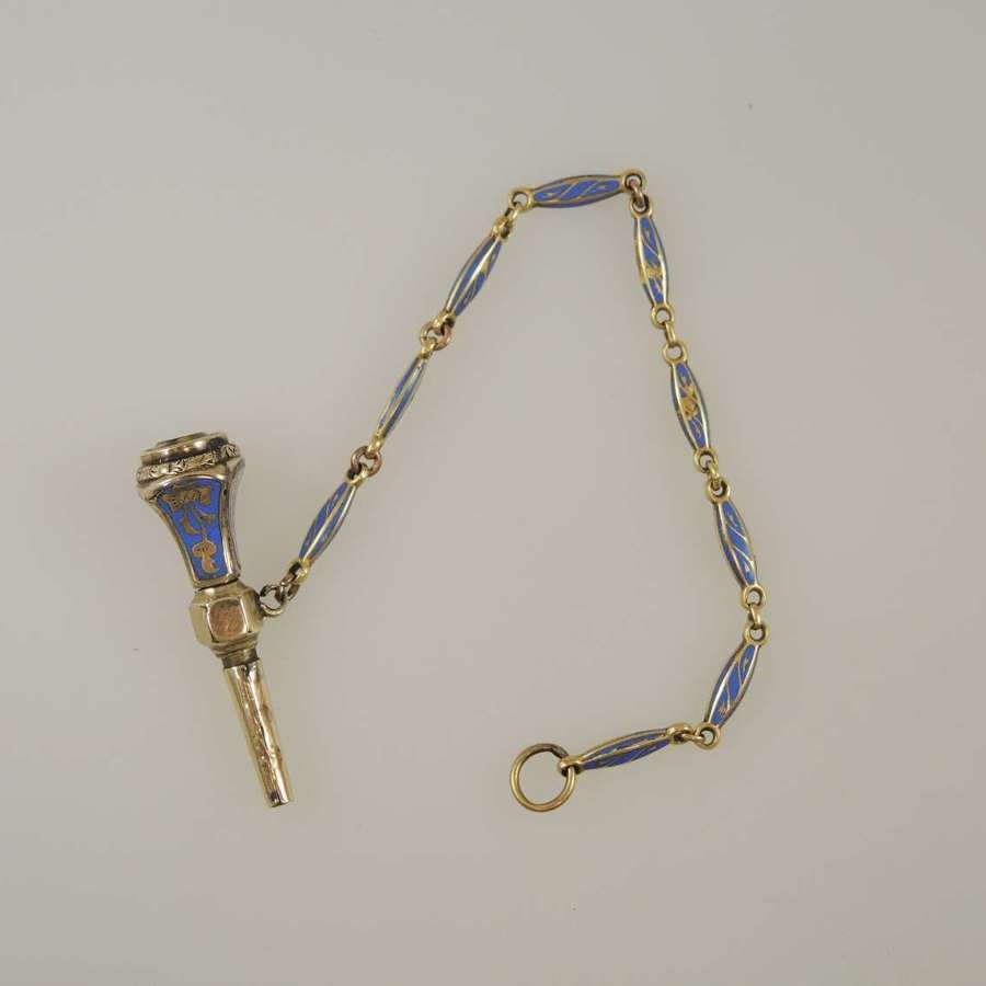 Antique 18K gold and fine enamel pocket watch chain and key c1850