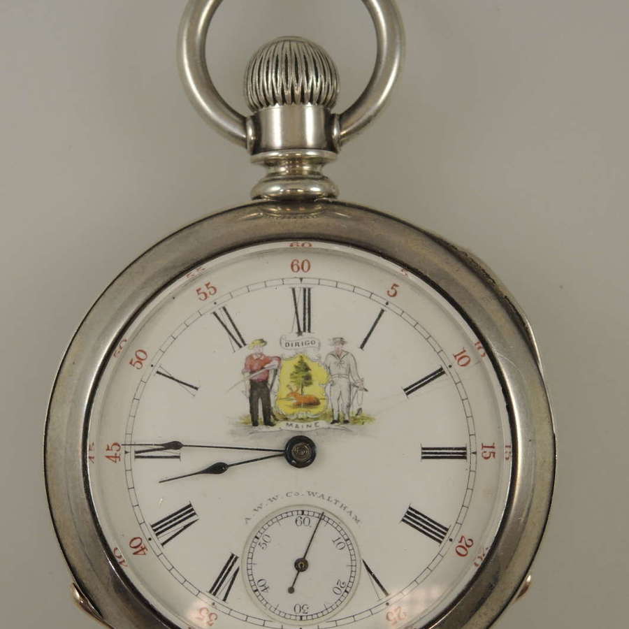 Rare Waltham pocket watch with Maine Coat of Arms dial c1908