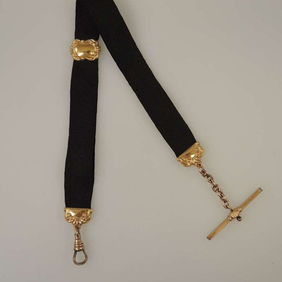 Victorian black fabric and gold plated watch chain c1890