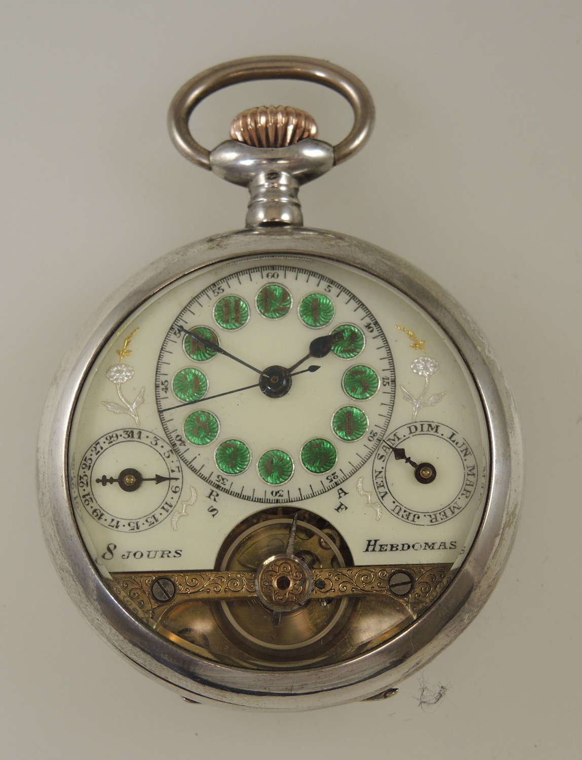Silver Hebdomas 8 day pocket watch w/ a cartouche calendar dial c1910