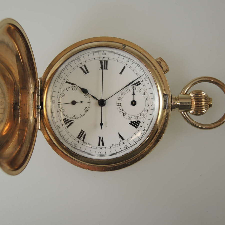 Gold plated hunter chronograph pocket watch w/30 minute register c1910