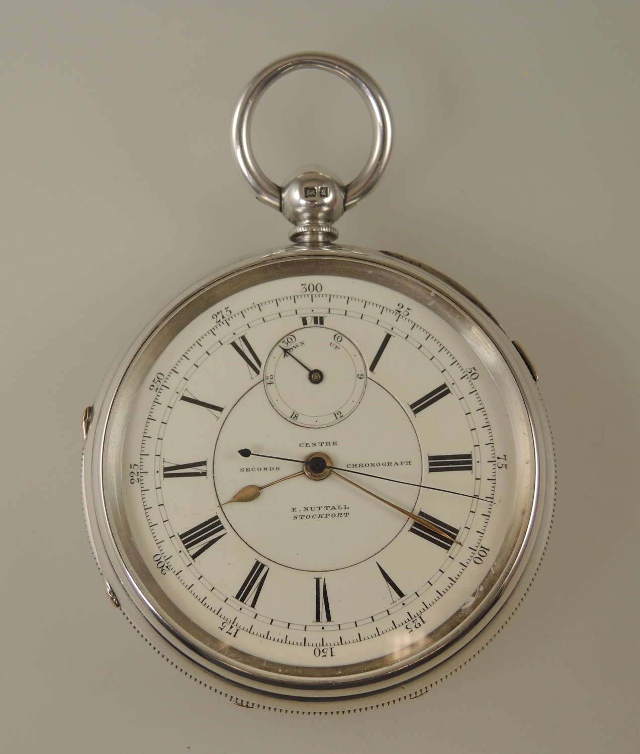 Large English silver fusee centre seconds with wind indicator c1901