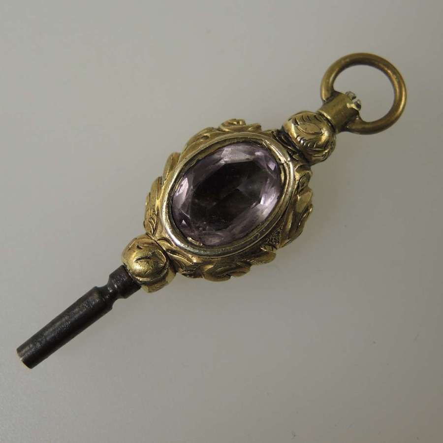 Victorian large gold plated and stone set pocket watch key c1880