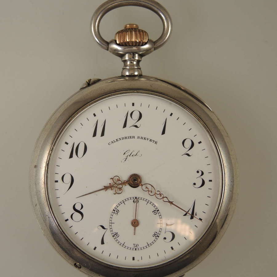 Silver pocket watch with a double sided calendar function c1890