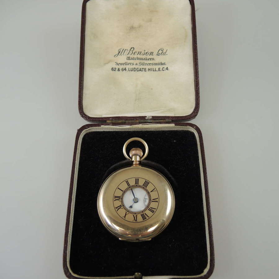 Solid 9K Gold J W Benson half hunter pocket watch with box c1936