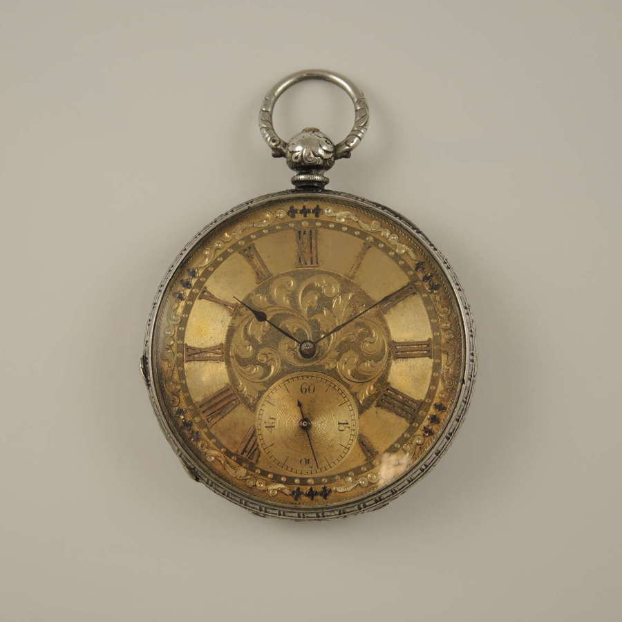 Swiss silver fancy dial and cased key wound pocket watch c1880