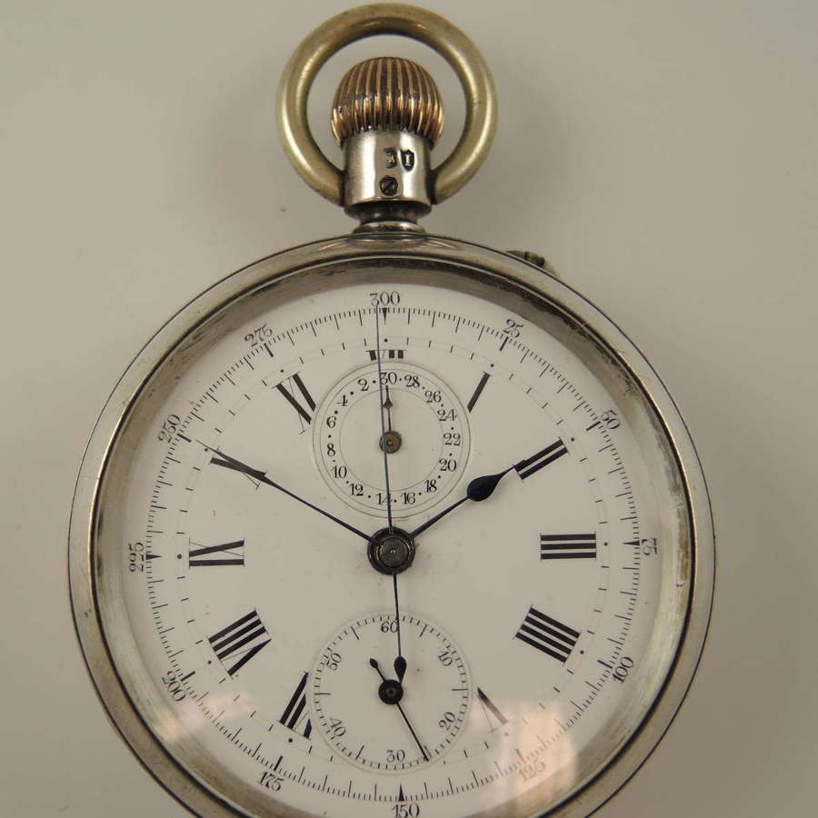 English silver Swiss chronograph pocket watch sold by JW Benson c1884