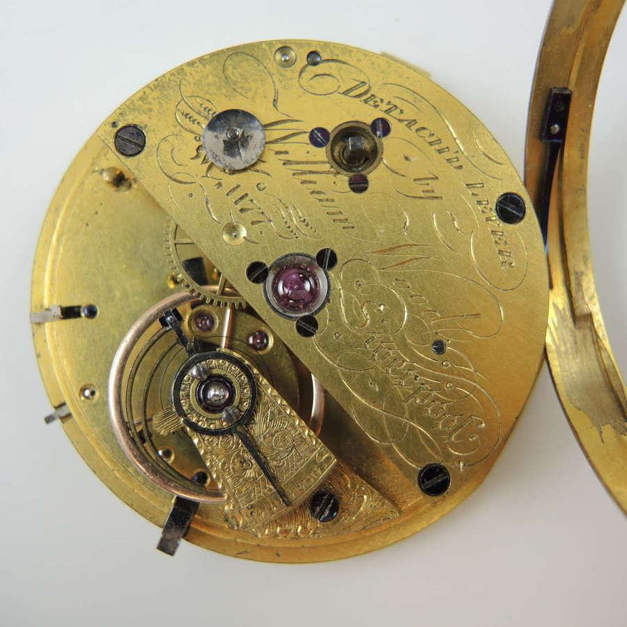 English Detached Lever fusee movement with temp curb. Wood c1835
