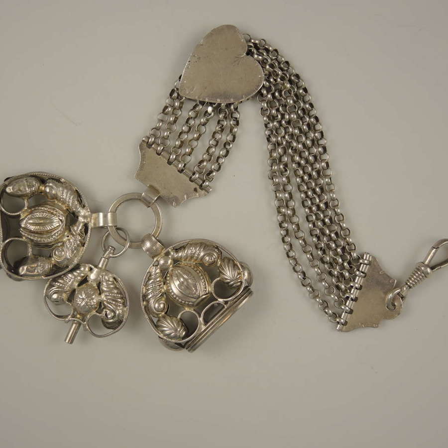 Silver Dutch chatelaine with seals and key c1850