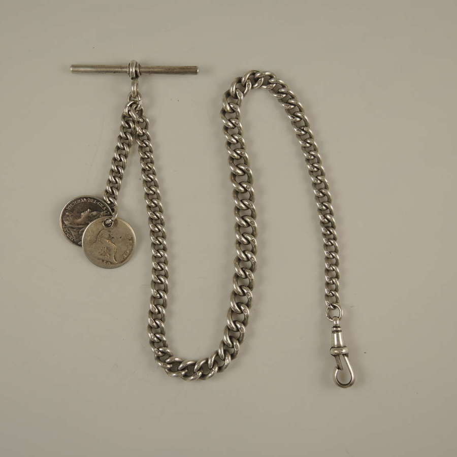 English silver albert watch chain with coin fobs. Birmingham 1921
