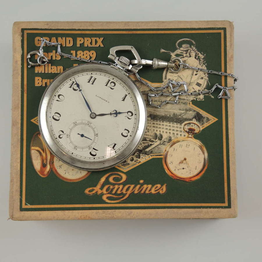 Genuine vintage silver Longines pocket watch. With box and chain c1928