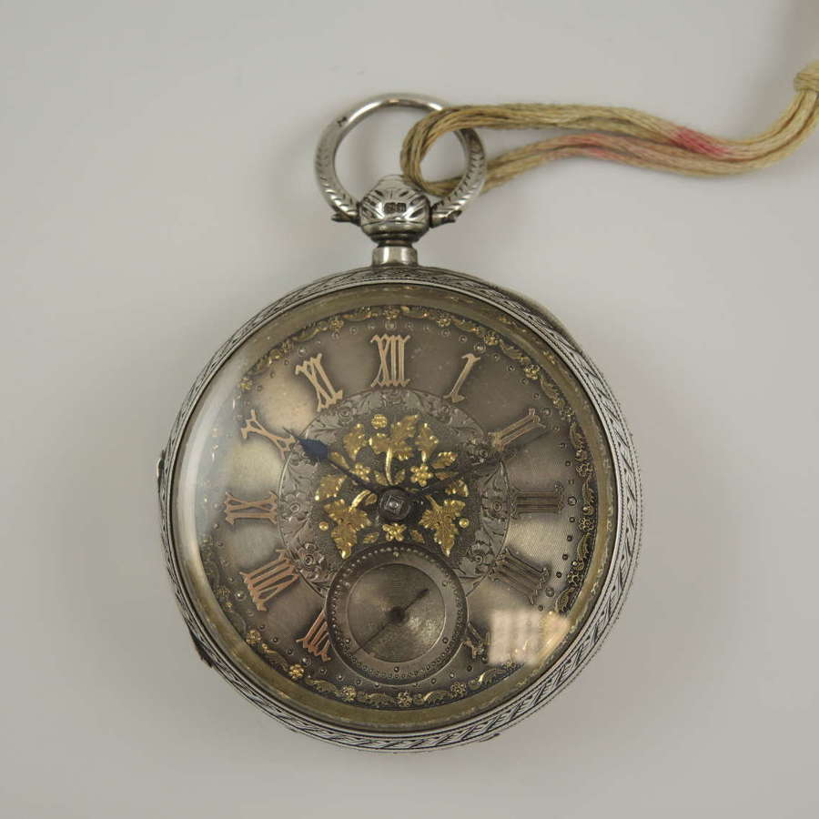 English silver pocket watch w/ fancy silver dial and case c1887