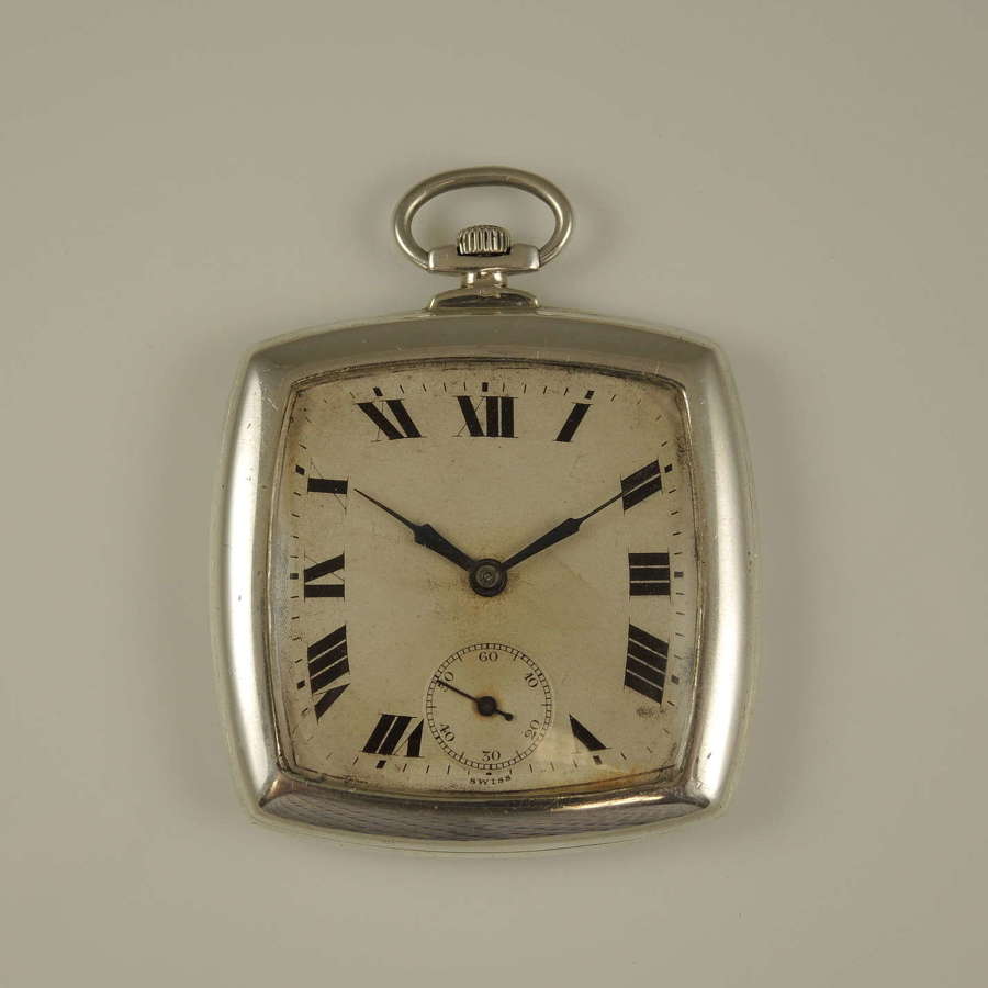 Unusual Swiss silver square shaped pocket watch. Fiat Watch co.  c1920