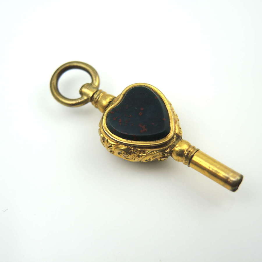 HEART shaped gilt stone set antique pocket watch key charm c1850