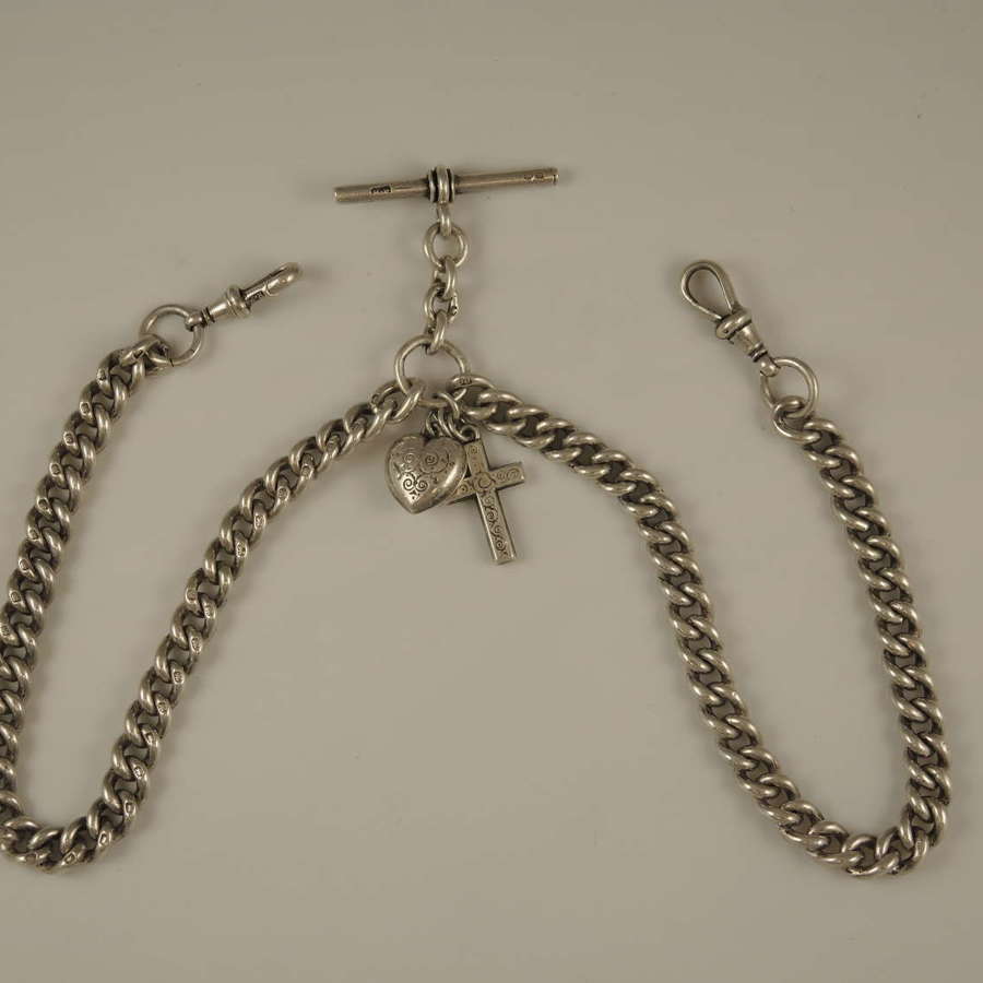 Quality English silver double pocket watch chain. Necklace length 1896