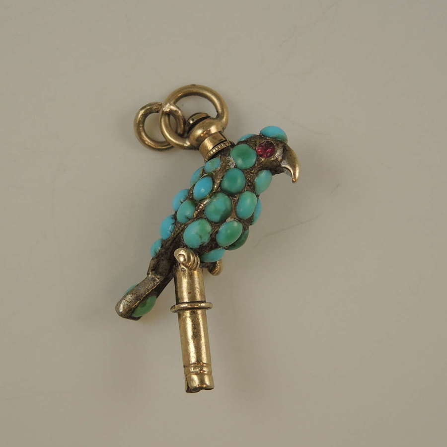 Unusual PARROT shaped pocket watch key set with turquoise c1850