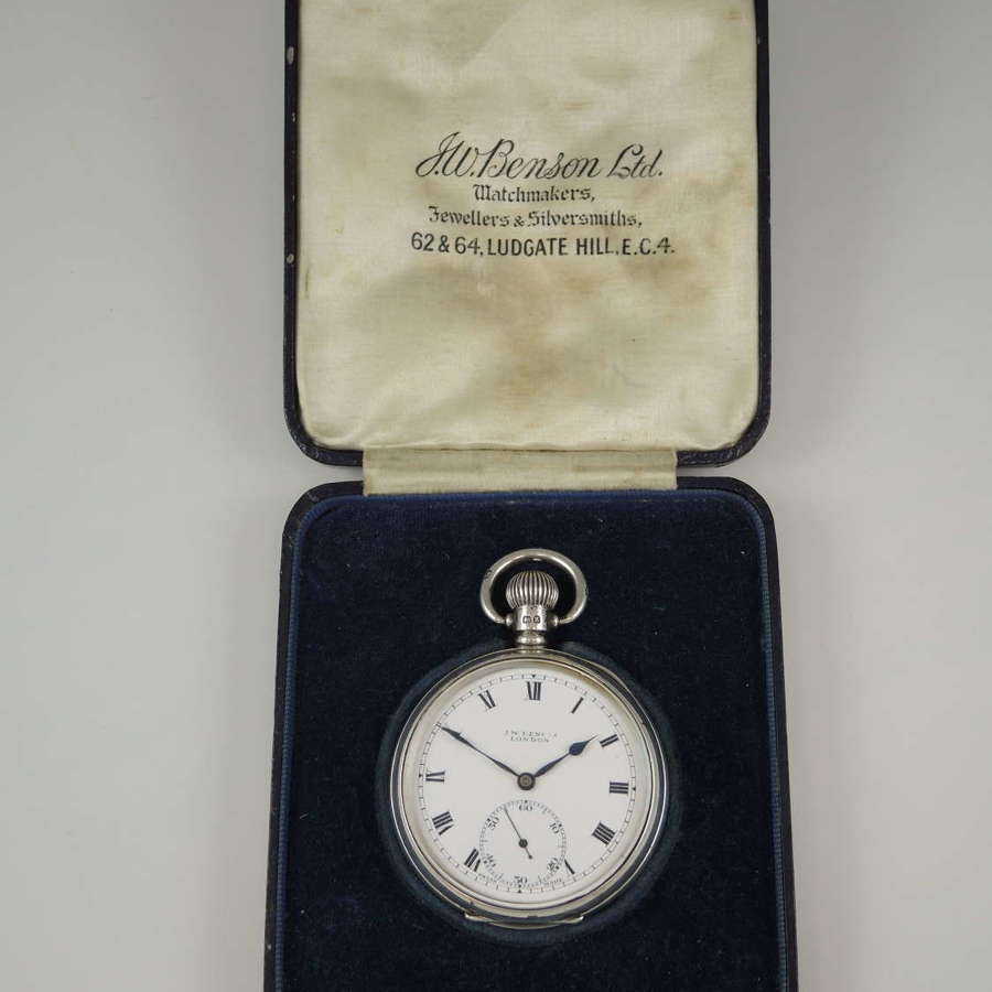 English Silver J W Benson pocket watch with original box c1924