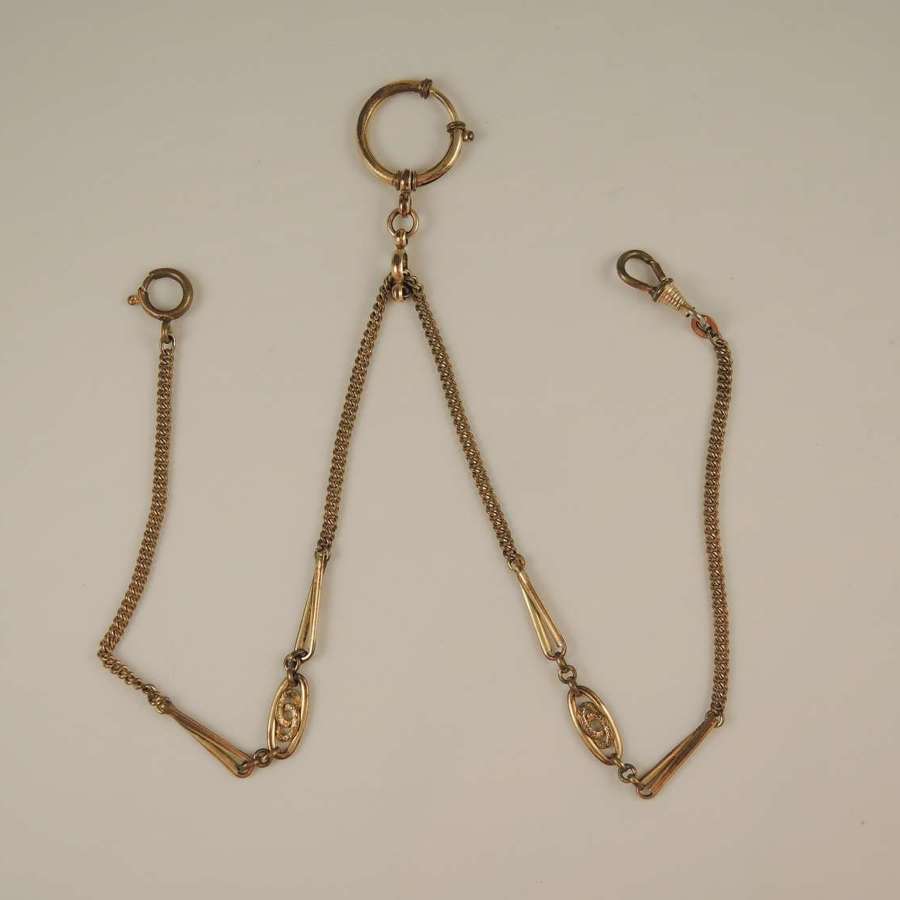 Antique gilt double watch chain with large bolt ring c1890