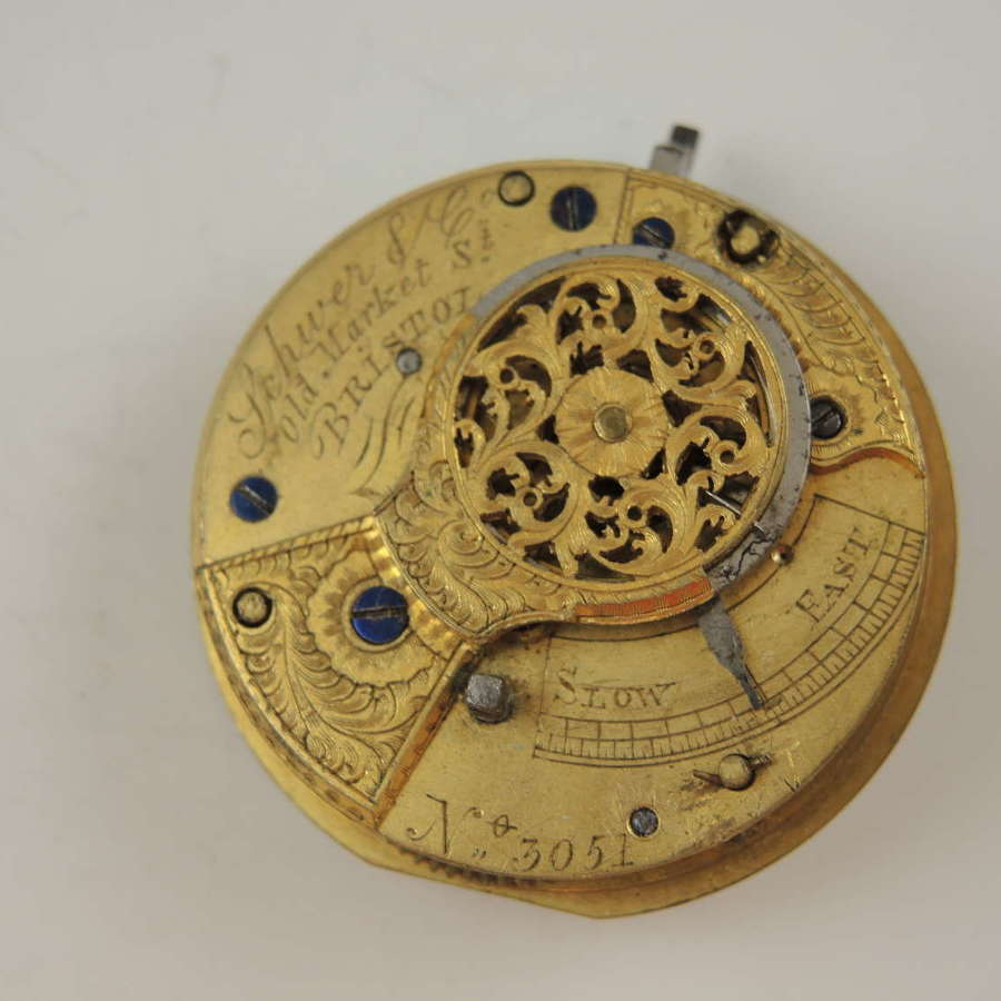 English verge fusee pocket watch movement by Schwer, Bristol c1810