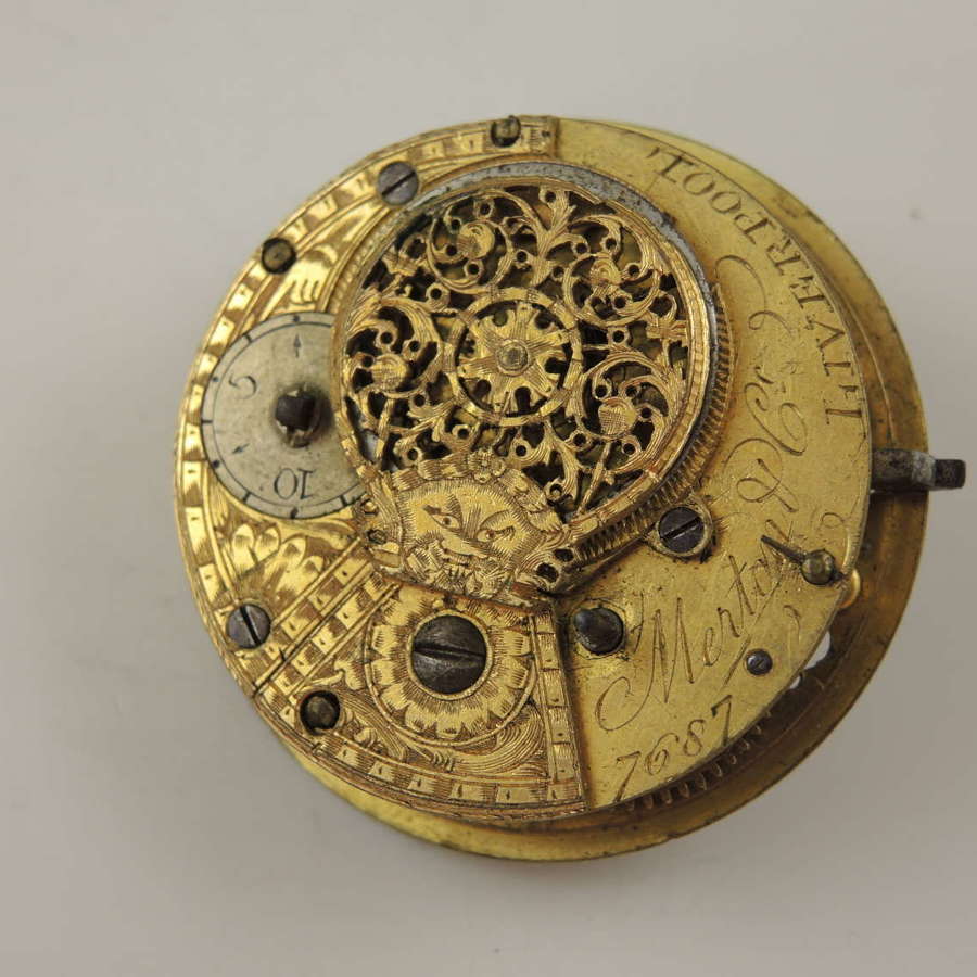 English verge fusee pocket watch movement by Merton, Liverpool c1830